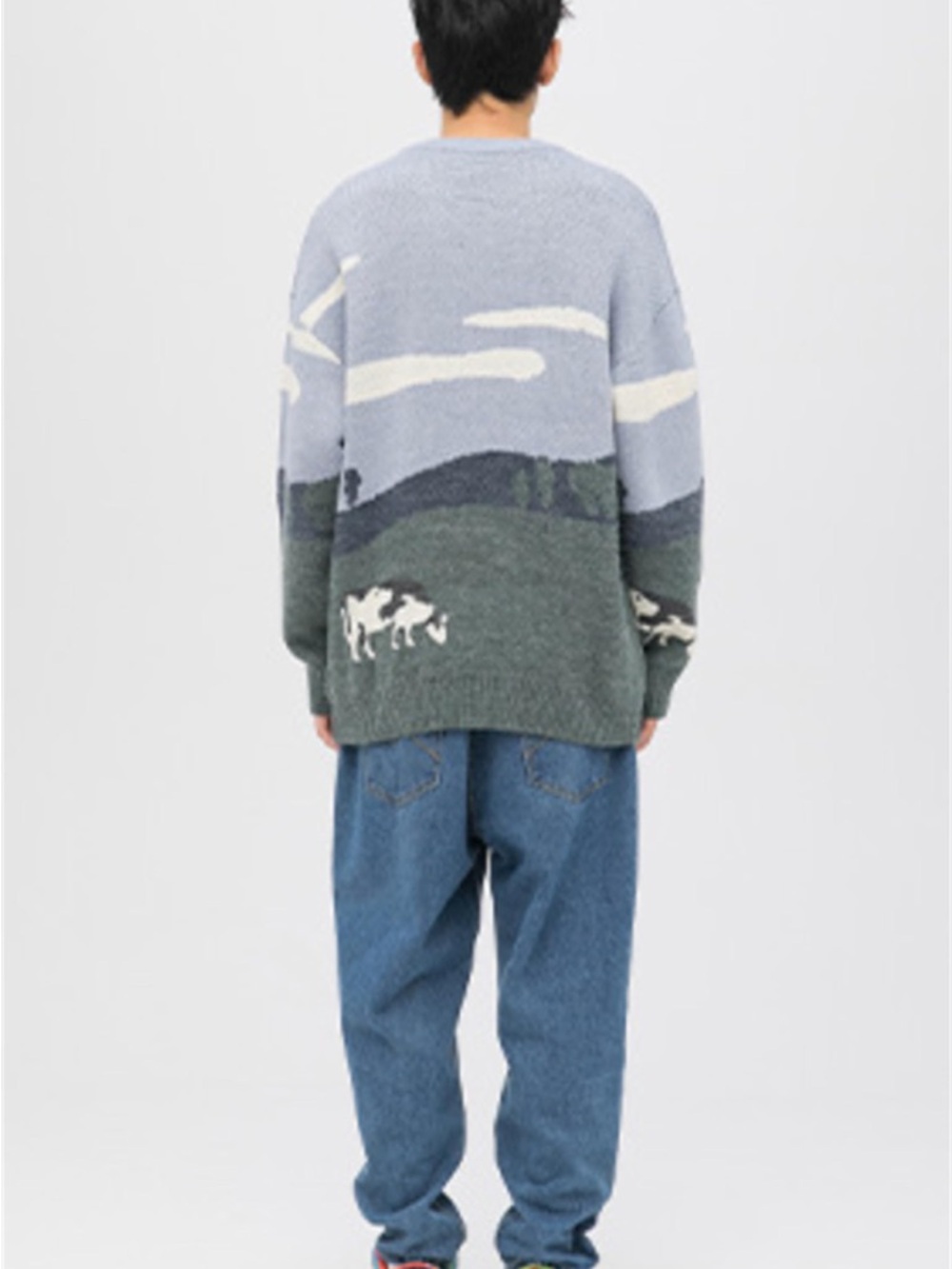 EUC Aelfric Eden Multicolor Cow Pasture Graphic Knit Pullover Sweater Size Large - Picture 3 of 6